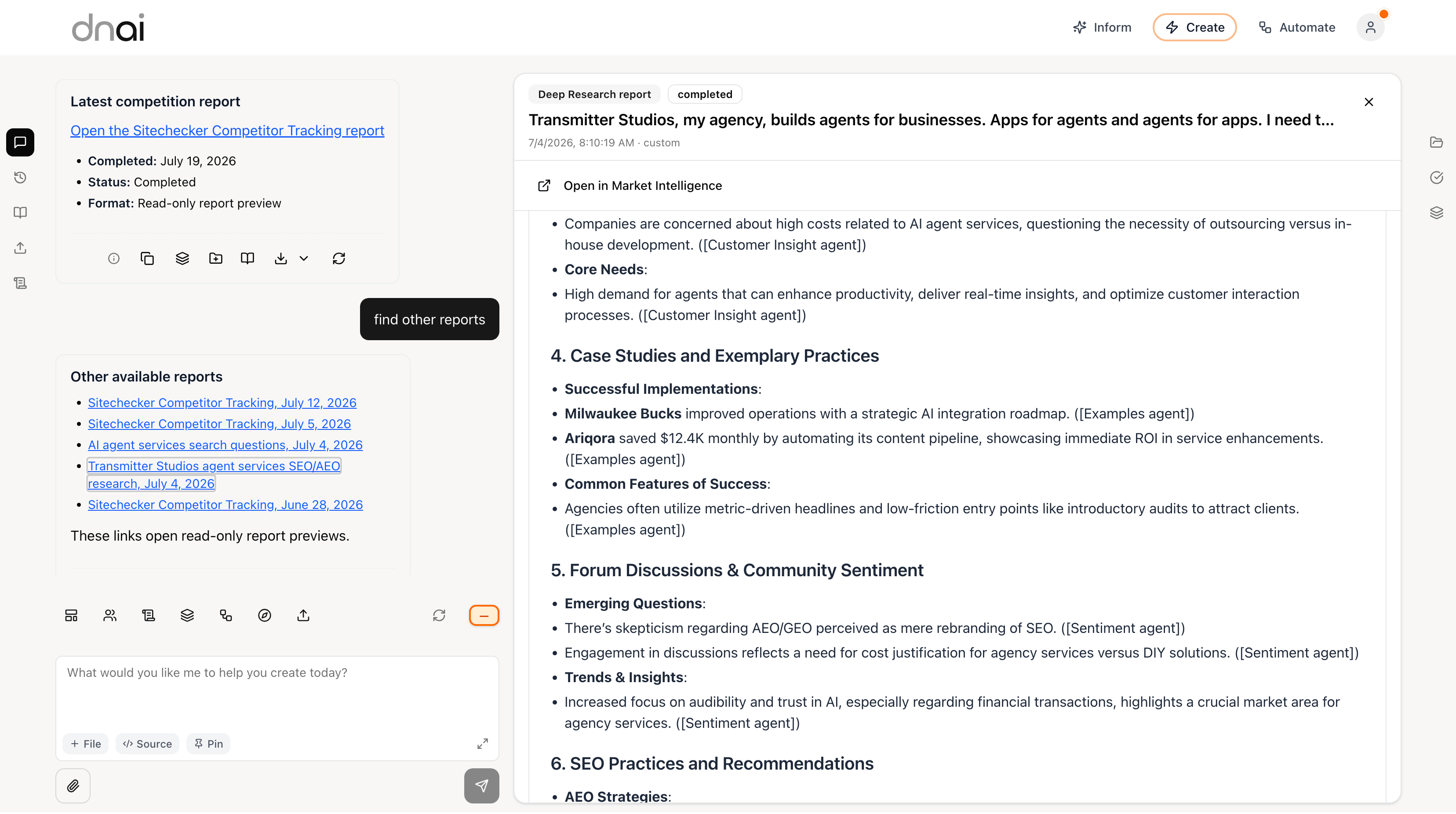 Human dnAI full reports workspace showing deep research output