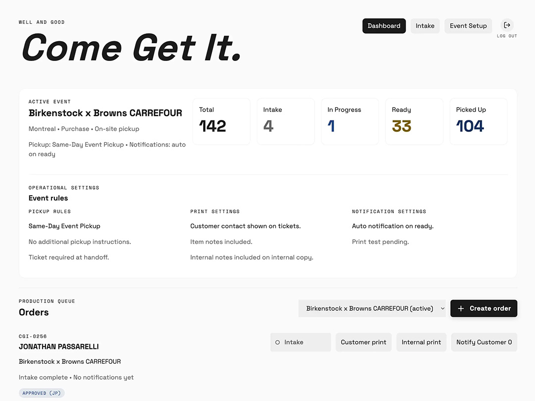 Come Get It event pickup dashboard