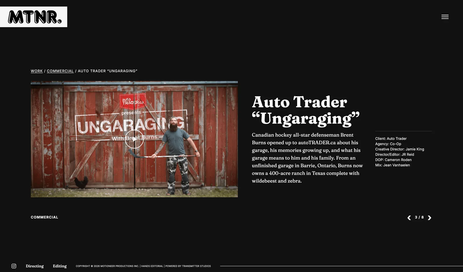 Motioneer project profile with preserved credits and featured still